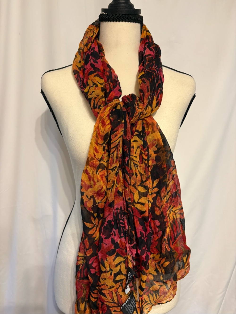 Vivante by VSA Fall scarf in  Black, Mustard & Wine Leaf-Print Print